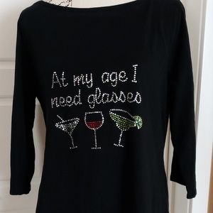 At my age I need glasses, rhinestone black T 3/4 s